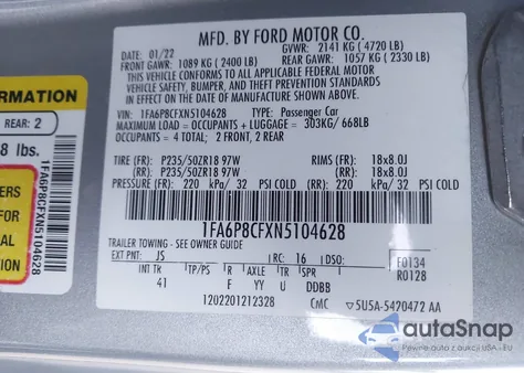 2022 Ford Mustang Gt Premium Fastback из США, поврежденный, VIN 1FA6P8CFXN5104628